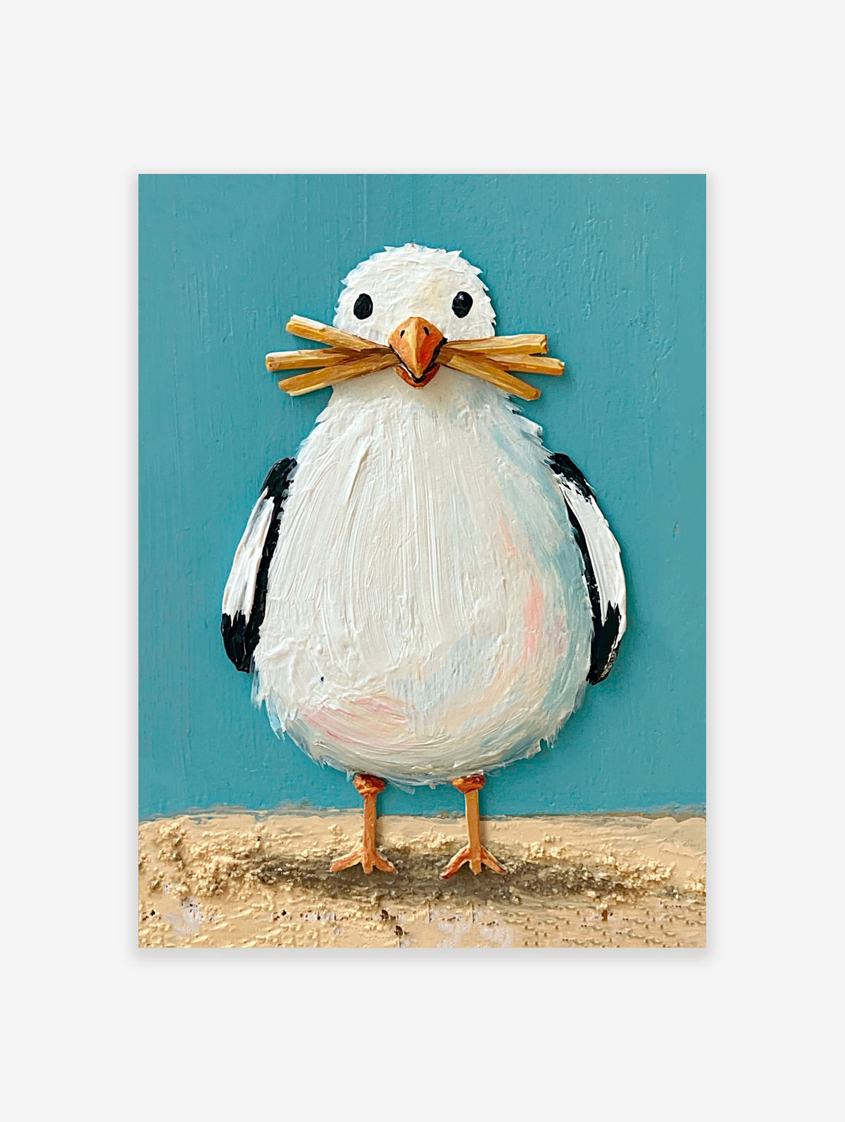 White seagull holding wooden sticks in its beak against a teal blue background, coastal bird poster