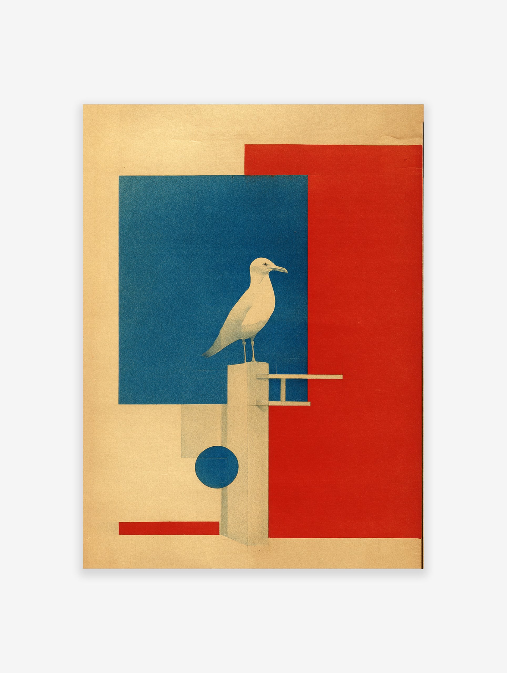 White seagull on a geometric structure with red and blue blocks on a beige background, modern minimalist wall art.