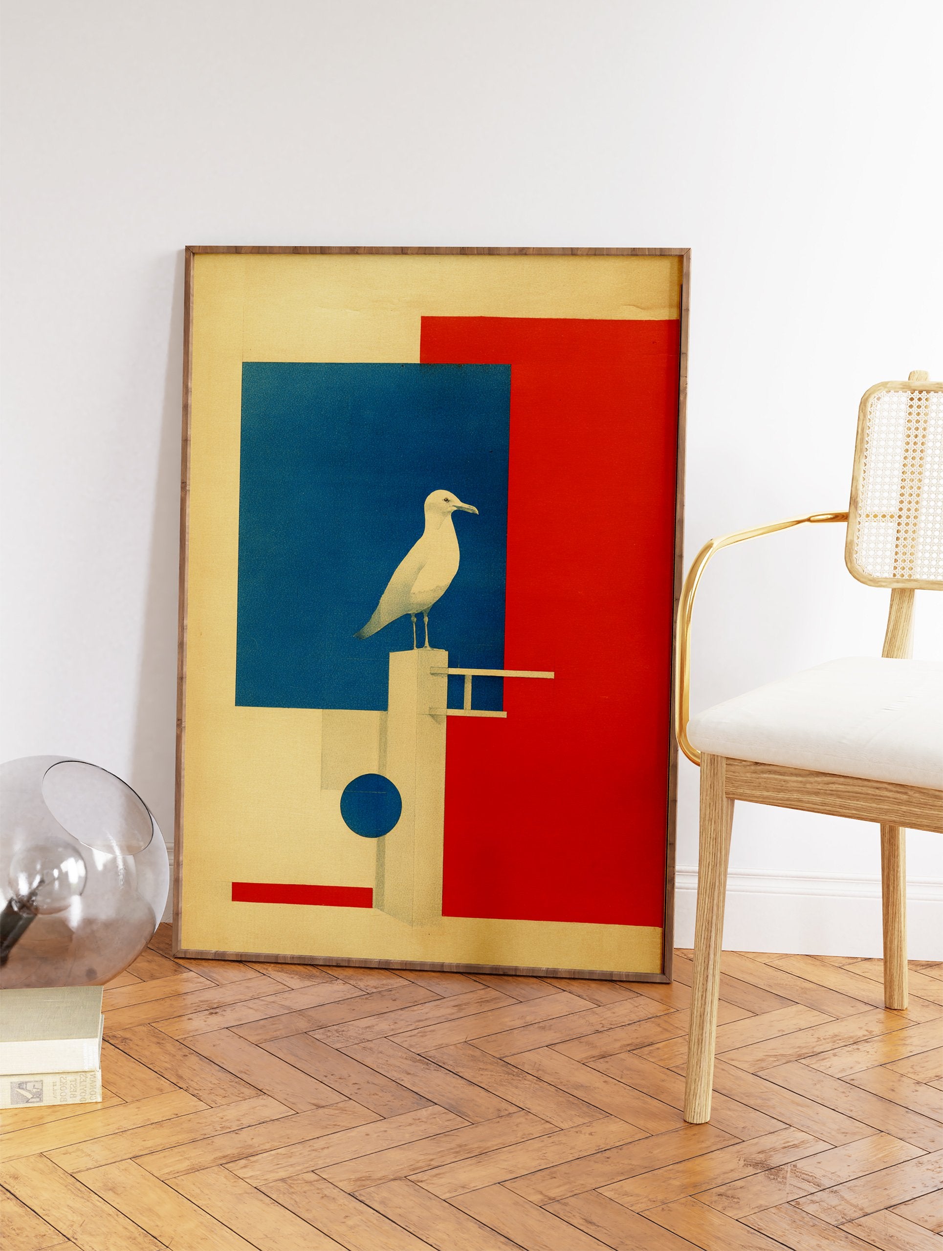 White seagull on a geometric structure with red and blue blocks on a beige background, modern minimalist wall art. - Image 2