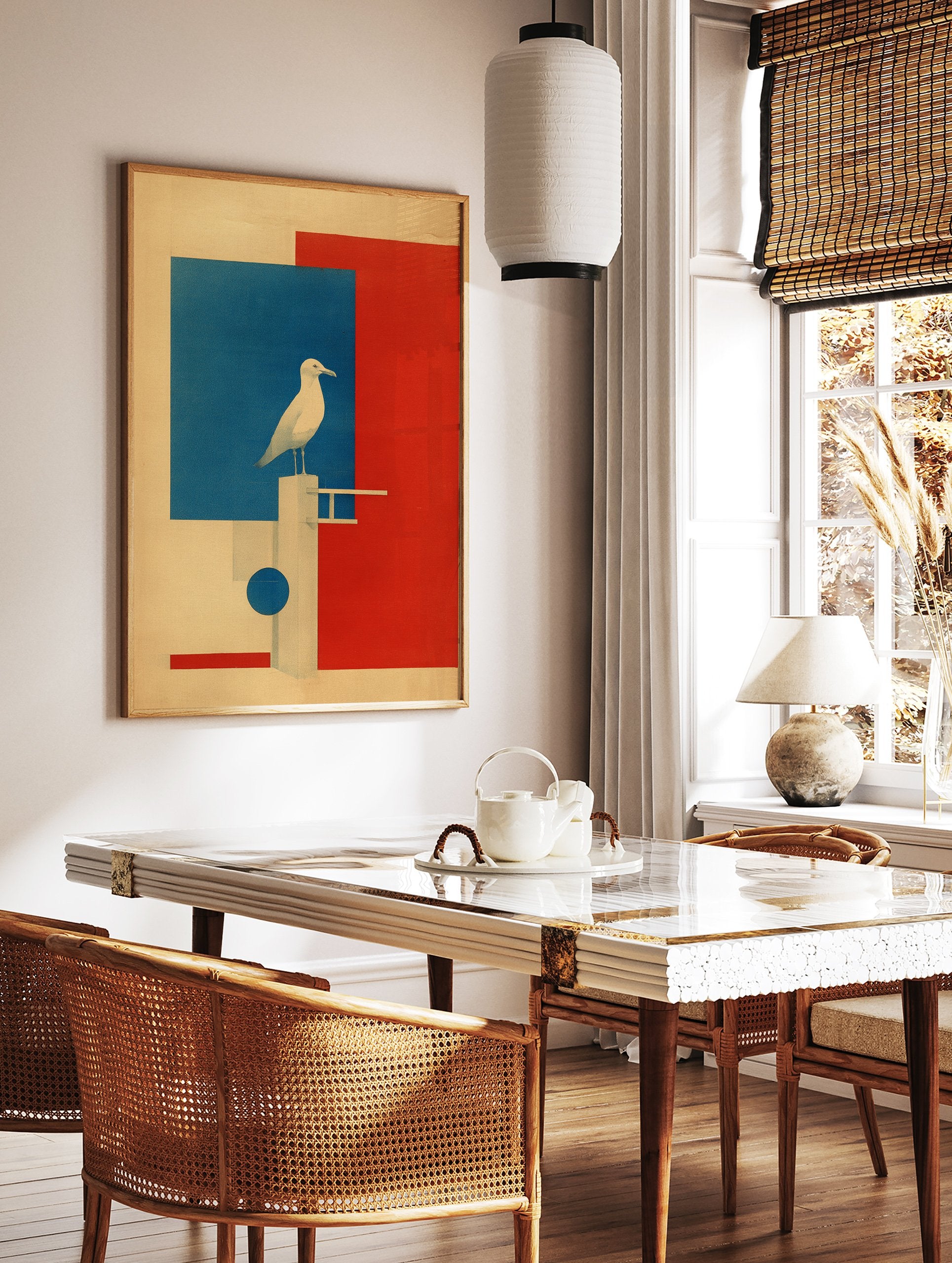 White seagull on a geometric structure with red and blue blocks on a beige background, modern minimalist wall art. - Image 3
