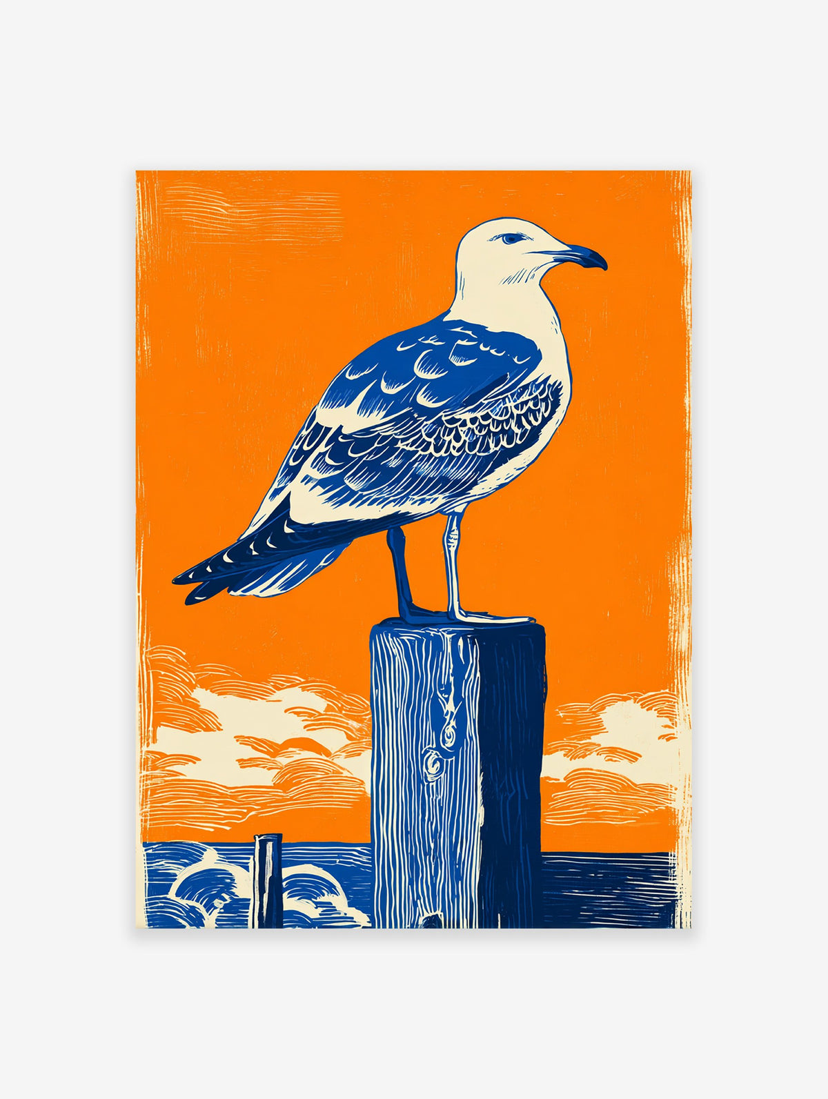 Seagull Wall Art linocut print featuring a blue and white seagull on a dark blue wooden post against an orange sky and ocean.