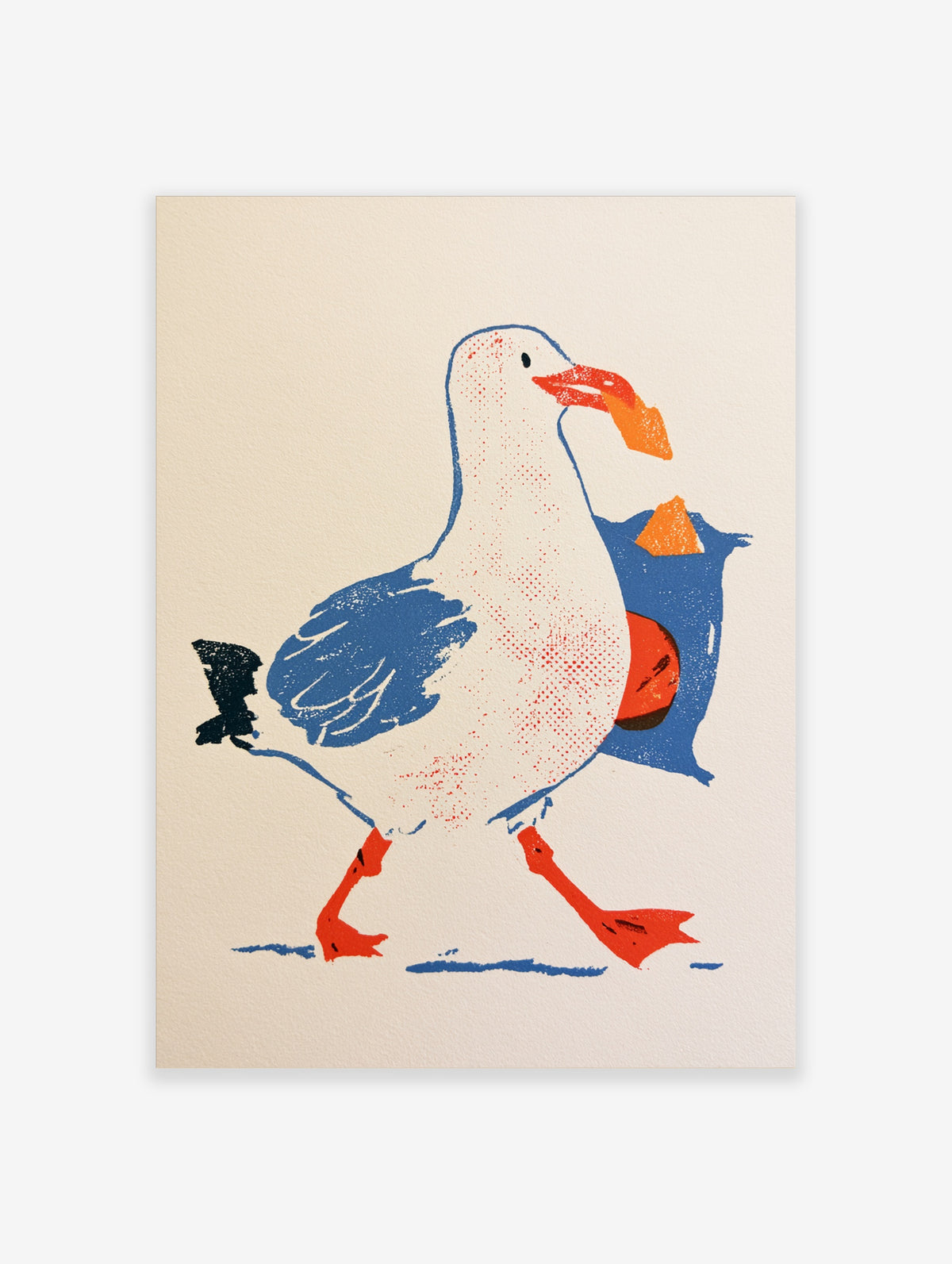 Illustrative seagull art print walking with a blue bag of crisps in its beak on a white background