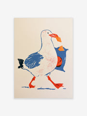 Illustrative seagull art print walking with a blue bag of crisps in its beak on a white background