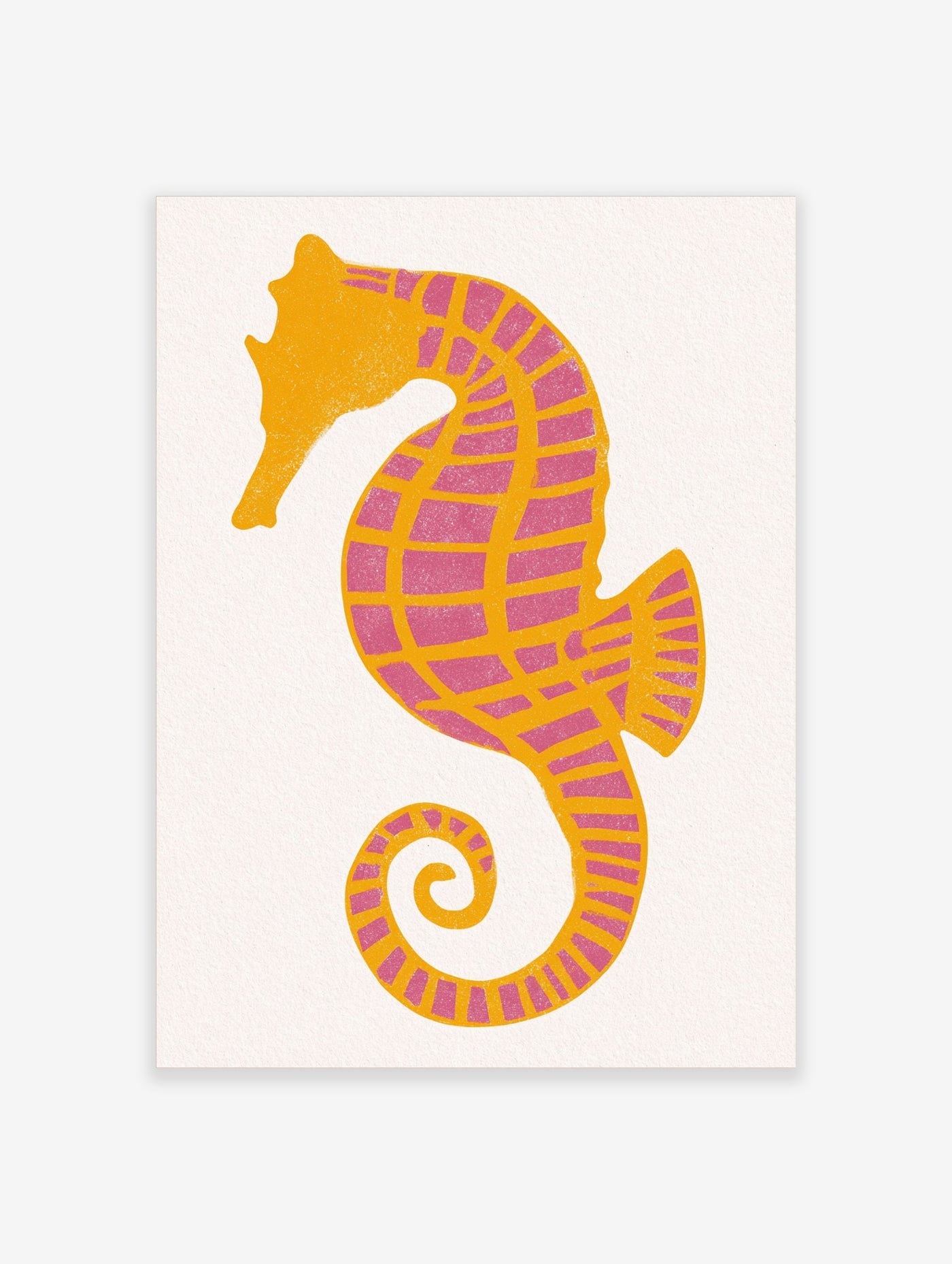 Graphic seahorse illustration with yellow and pink grid pattern on a plain background