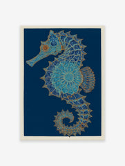 Intricate blue and gold seahorse wall art print with mandala patterns on a dark blue background and light border