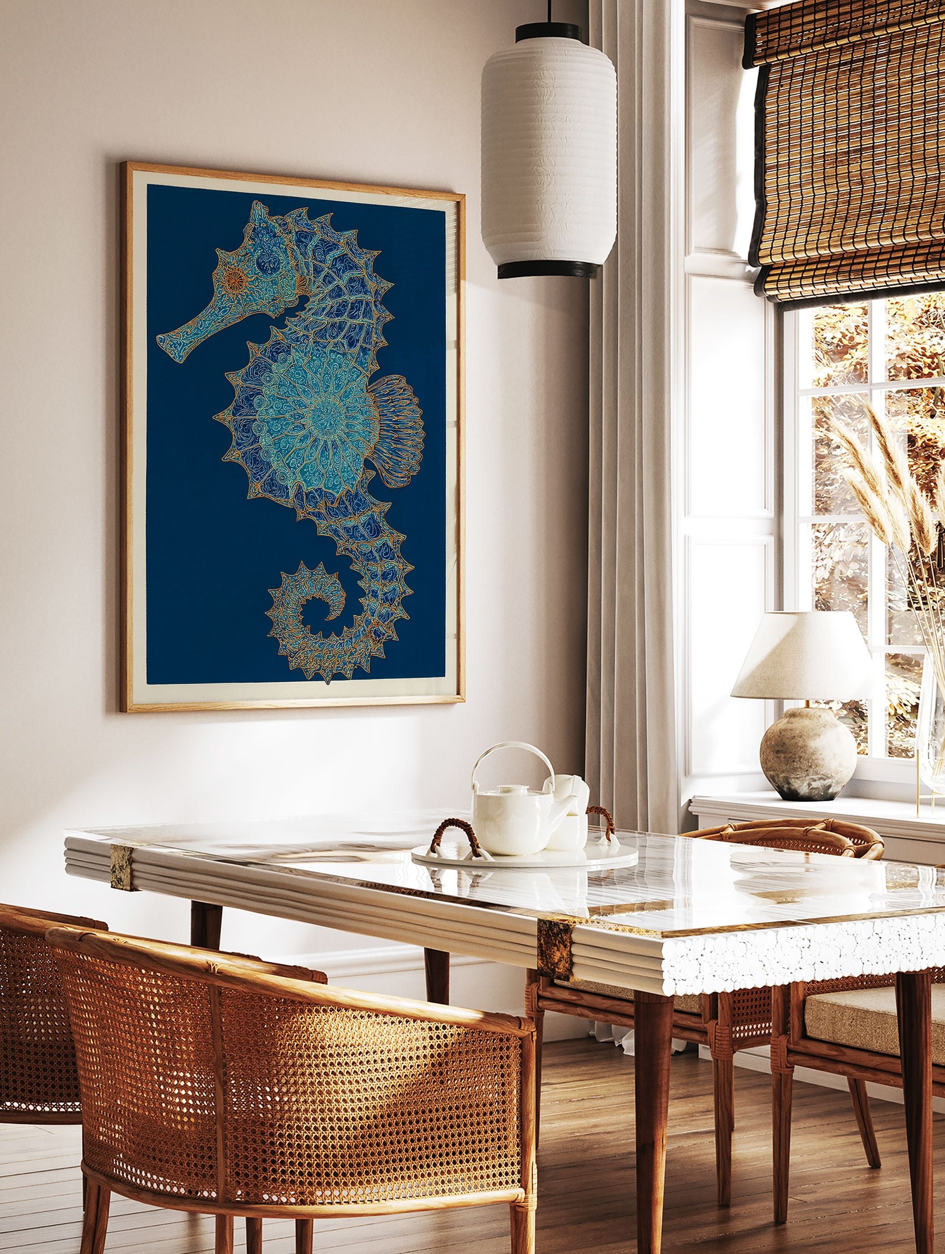 Intricate blue and gold seahorse wall art print with mandala patterns on a dark blue background and light border - Image 2
