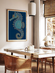 Intricate blue and gold seahorse wall art print with mandala patterns on a dark blue background and light border - Image 2