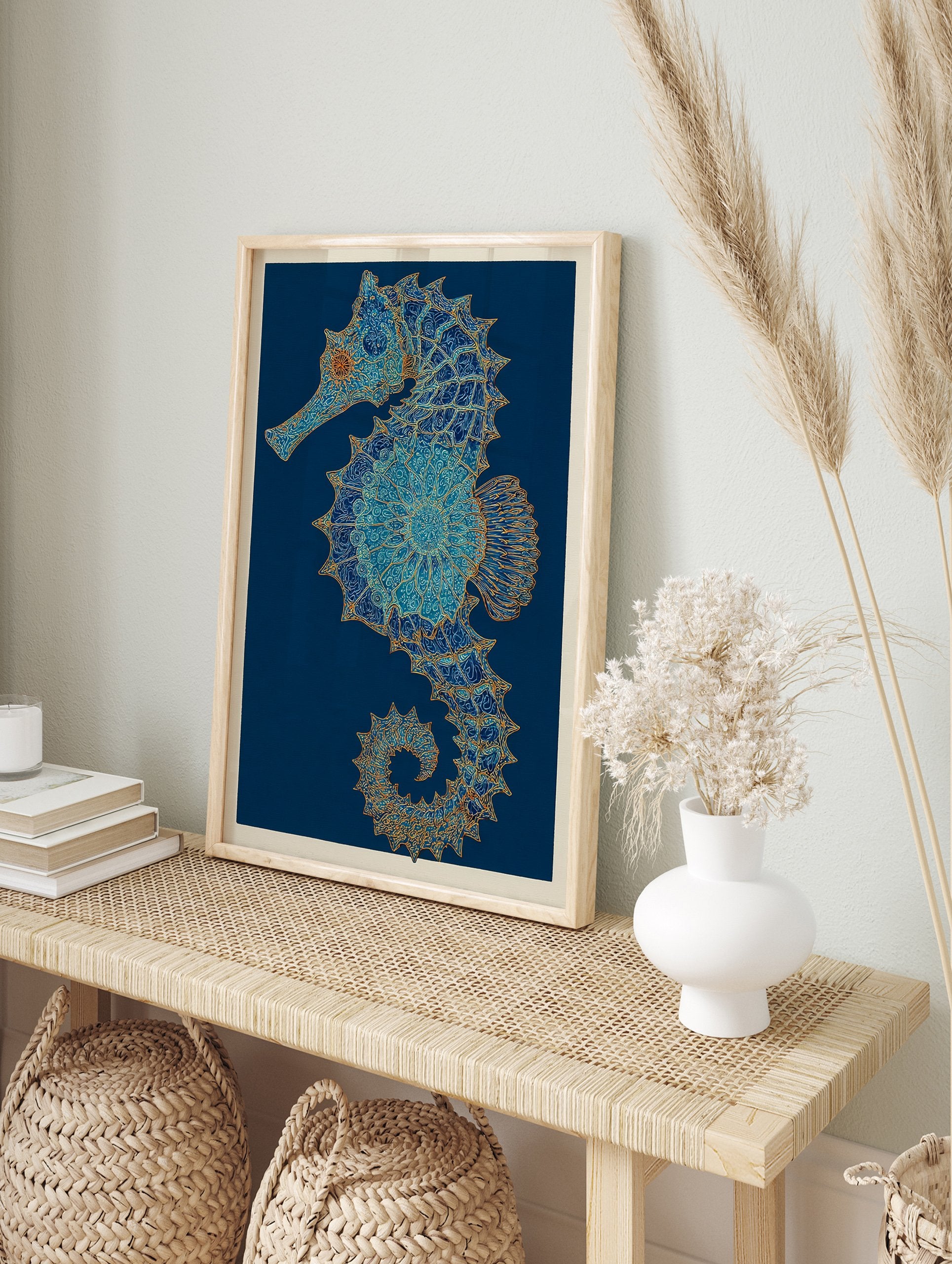 Intricate blue and gold seahorse wall art print with mandala patterns on a dark blue background and light border - Image 3