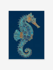 Intricate seahorse wall art illustration in blue, teal, and orange with gold details on a deep blue background.