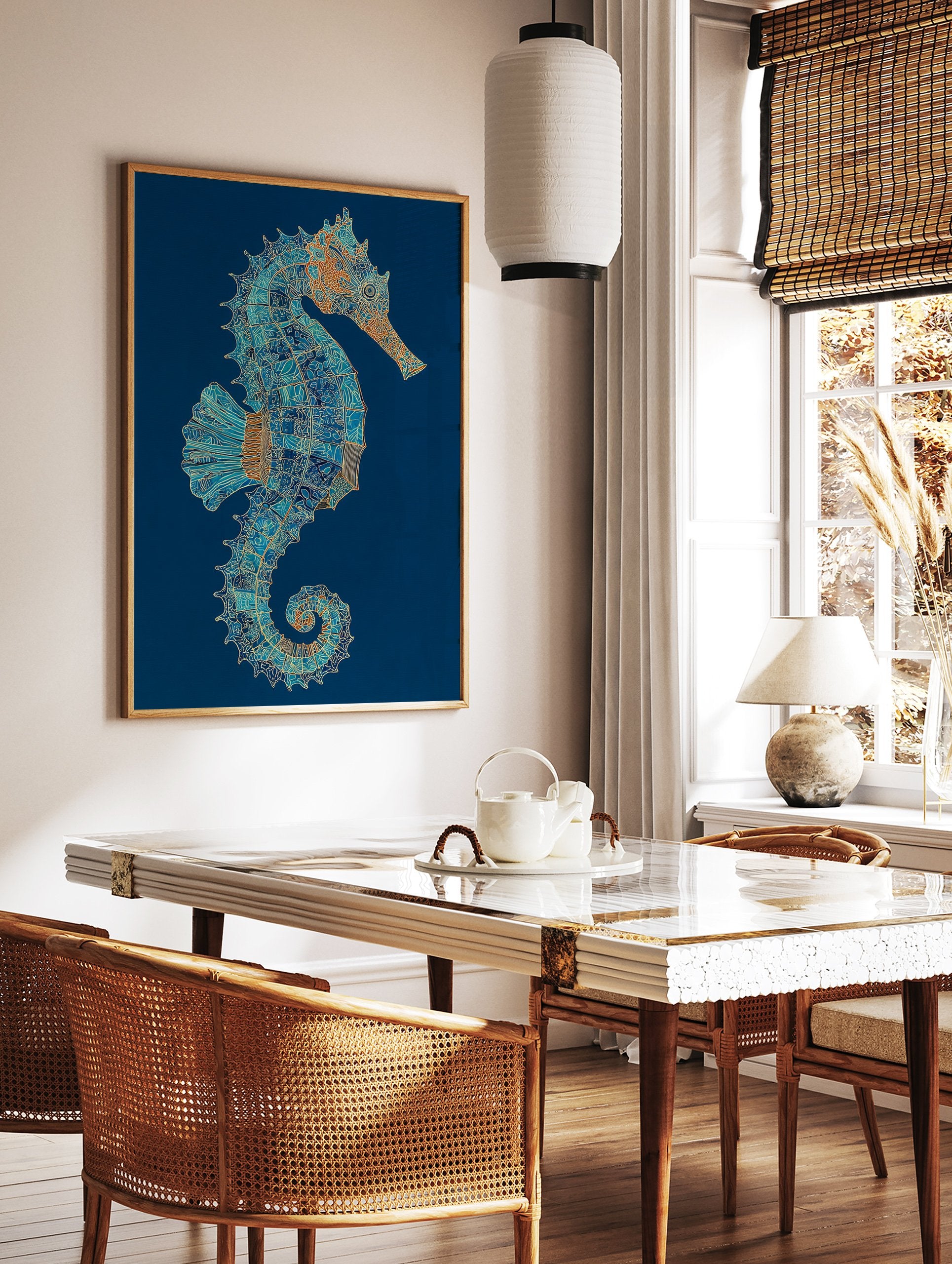 Intricate seahorse wall art illustration in blue, teal, and orange with gold details on a deep blue background. - Image 2