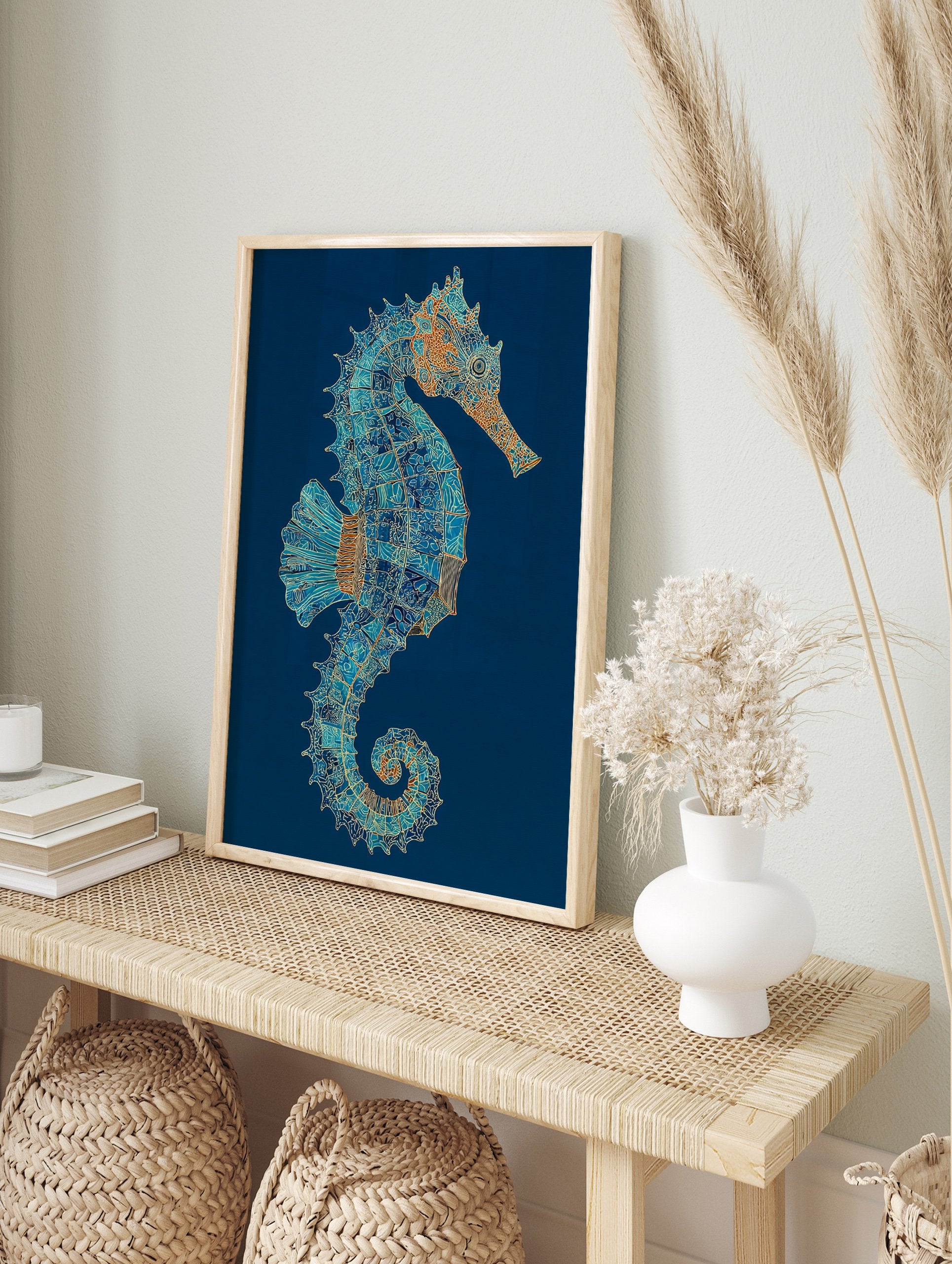 Intricate seahorse wall art illustration in blue, teal, and orange with gold details on a deep blue background. - Image 3