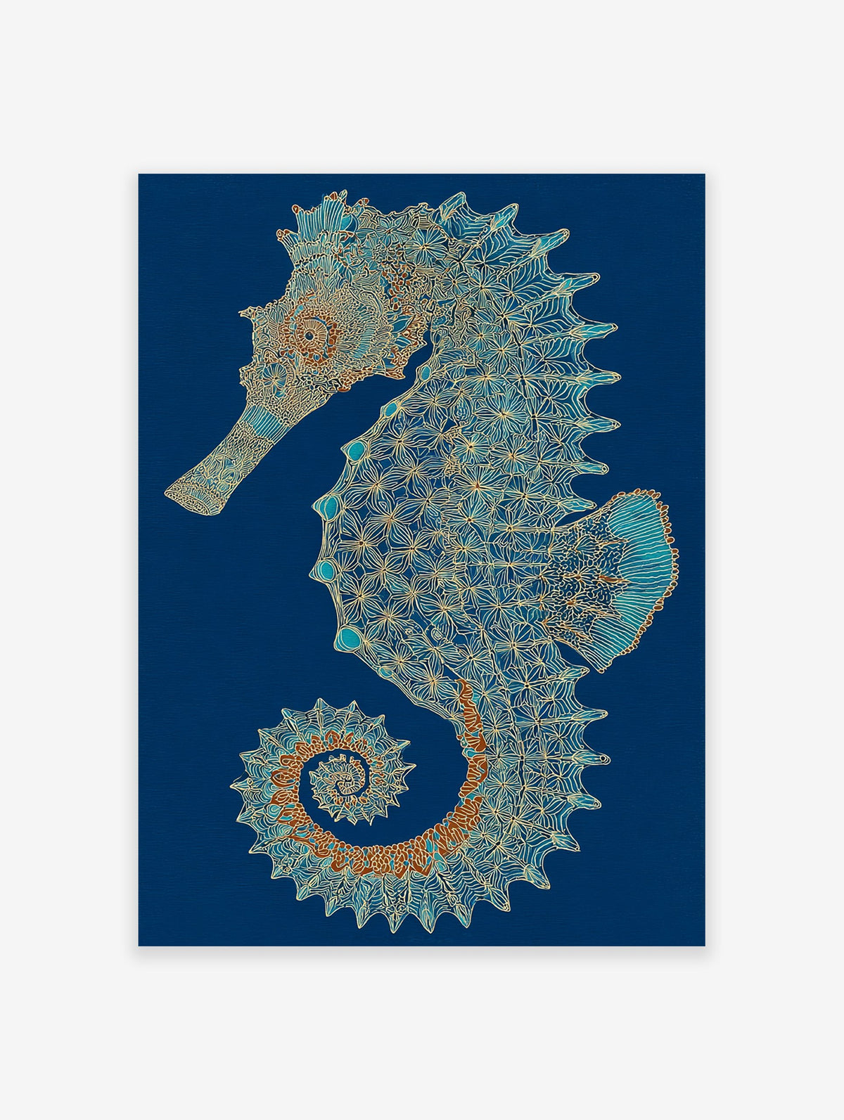 Intricate blue and gold seahorse wall art illustration with mandala patterns on a deep blue background.