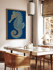 Intricate blue and gold seahorse wall art illustration with mandala patterns on a deep blue background. - Image 2