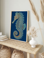 Intricate blue and gold seahorse wall art illustration with mandala patterns on a deep blue background. - Image 3