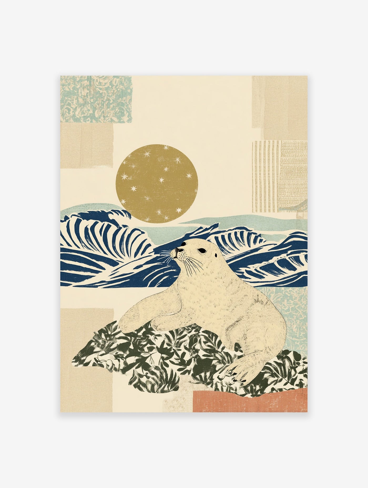 Illustrative seal art print featuring a cream-colored seal on a green patterned rock, blue ocean waves, and a golden sun with stars.