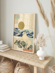 Illustrative seal art print featuring a cream-colored seal on a green patterned rock, blue ocean waves, and a golden sun with stars. - Image 3
