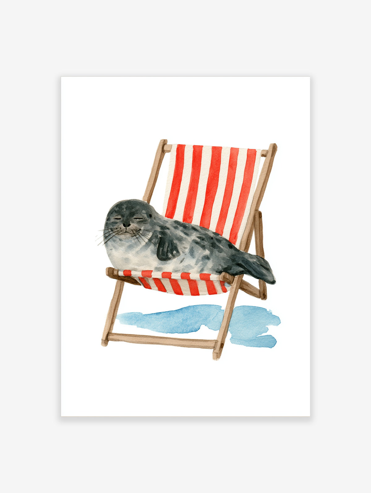 Watercolour illustration of a grey spotted seal sleeping in a red and white striped deck chair on a white background