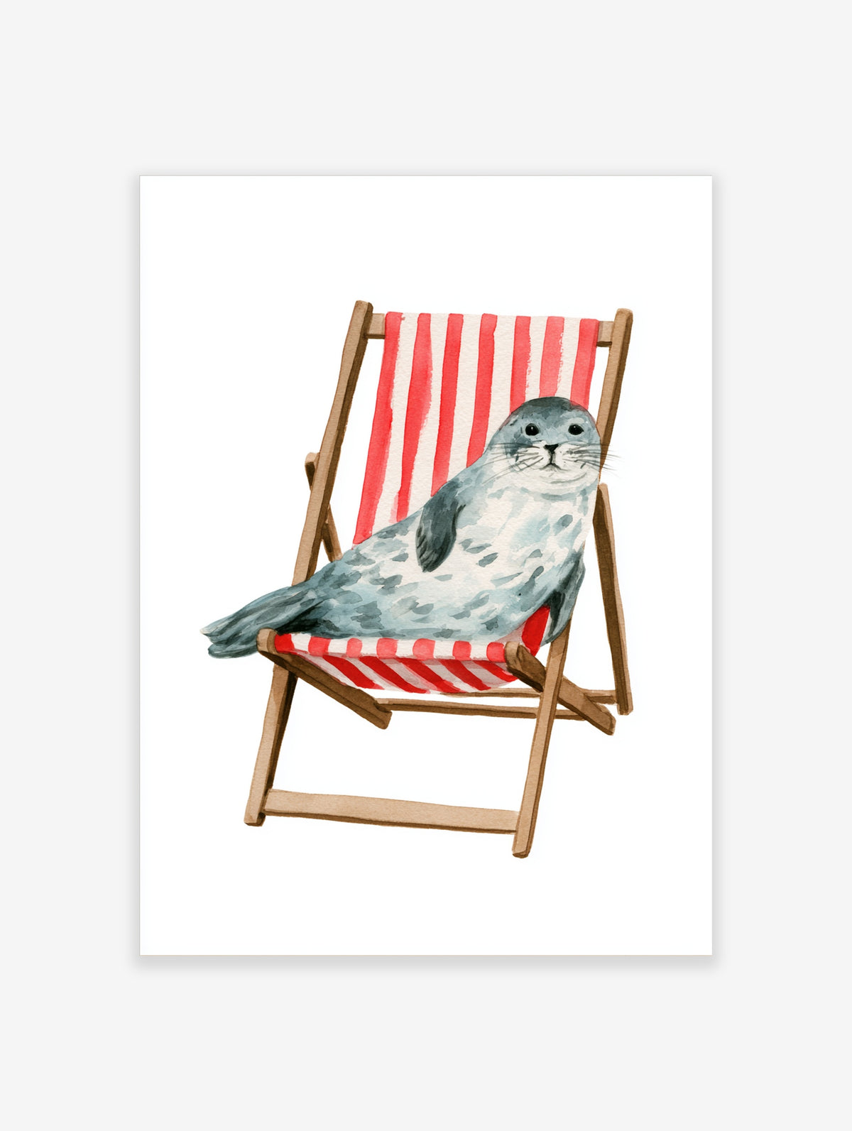 Watercolour illustration of a spotted grey seal sitting in a red and white striped wooden deckchair on a white background