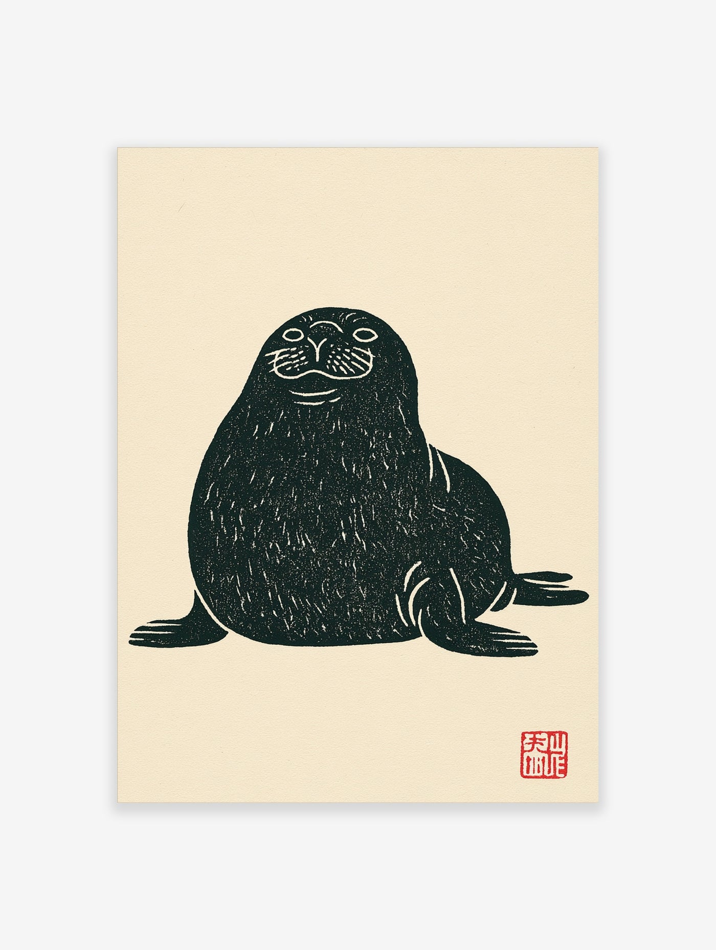 A black and white linocut-style seal art print with detailed fur textures and a red artist stamp on a neutral background