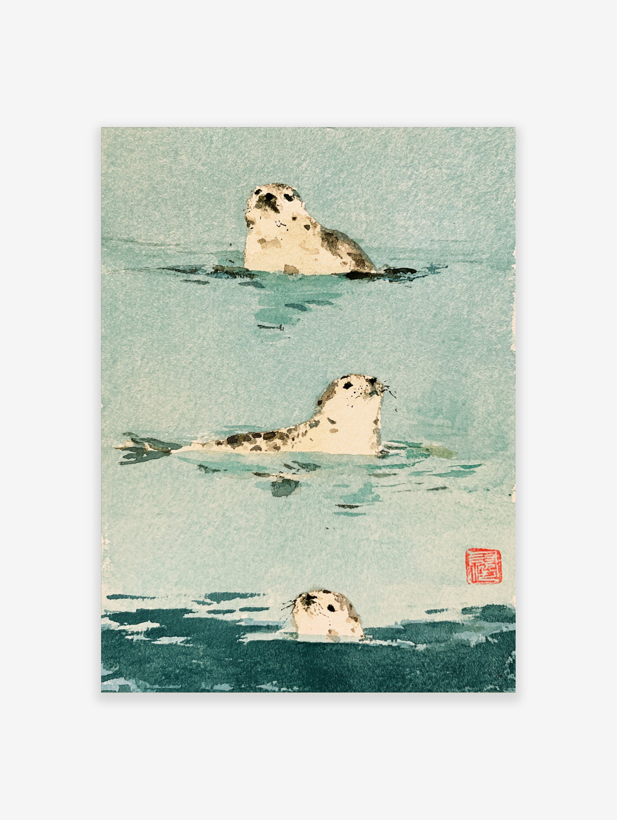 Watercolour seal wall art print with three harbour seals in teal water and a red stamp