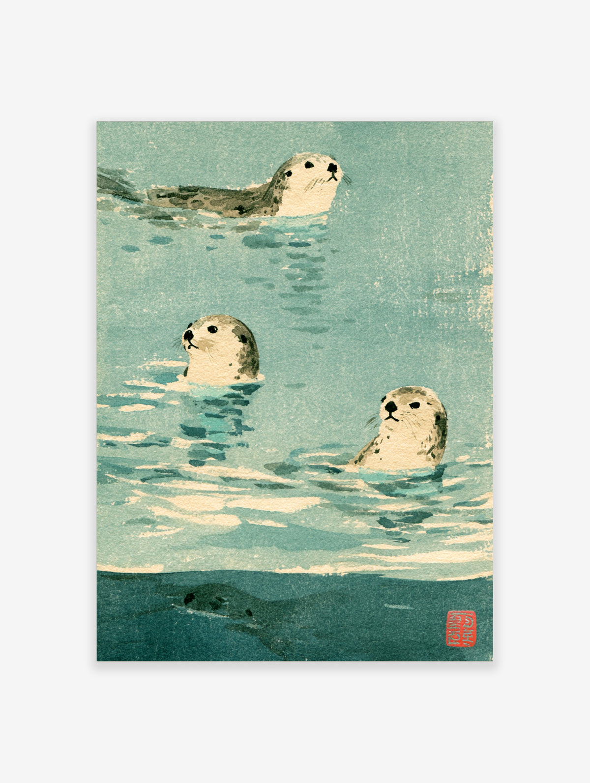 Three seals swimming in teal water, Japanese animal poster with red seal stamp