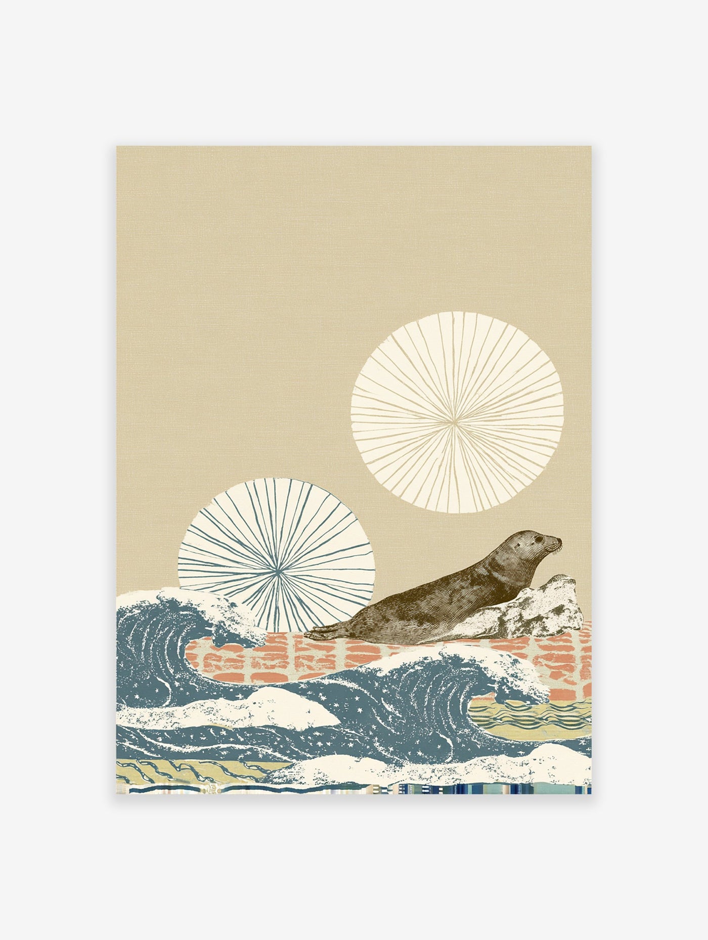 Seal Wall Art illustration with a brown seal on a rock, blue ocean waves, and two beige circular designs on a light background.