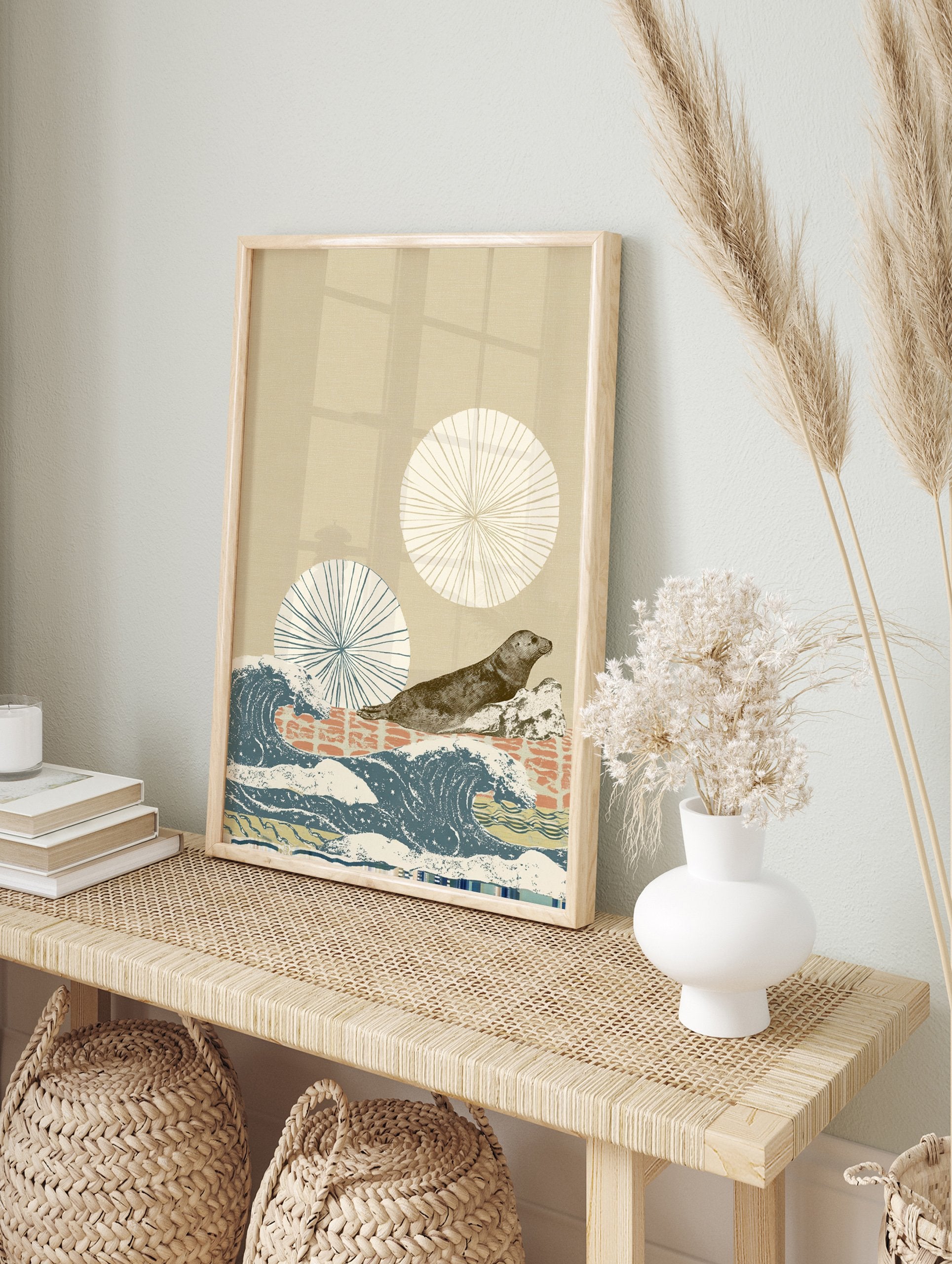 Seal Wall Art illustration with a brown seal on a rock, blue ocean waves, and two beige circular designs on a light background. - Image 3