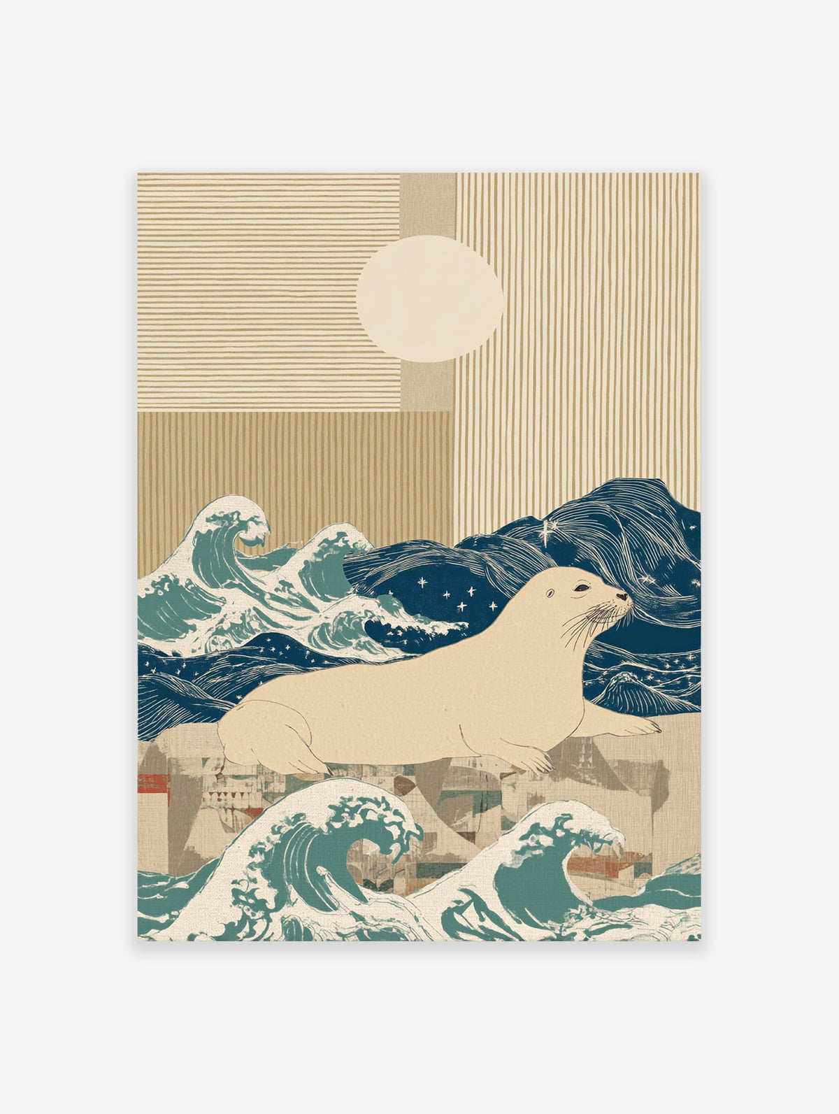 Illustrative seal wall art print with Japanese-style ocean waves, a cream seal, and geometric patterns in blue and beige.
