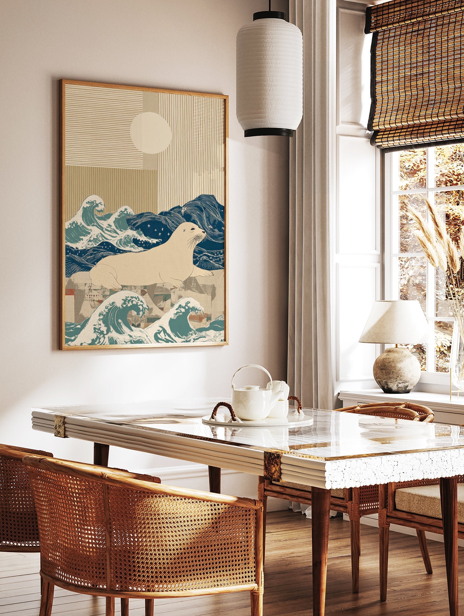 Illustrative seal wall art print with Japanese-style ocean waves, a cream seal, and geometric patterns in blue and beige. - Image 2