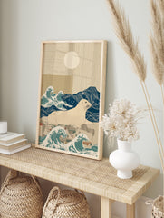 Illustrative seal wall art print with Japanese-style ocean waves, a cream seal, and geometric patterns in blue and beige. - Image 3