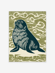 Linocut style seal looking up, dark navy with white details, against an olive green wavy background