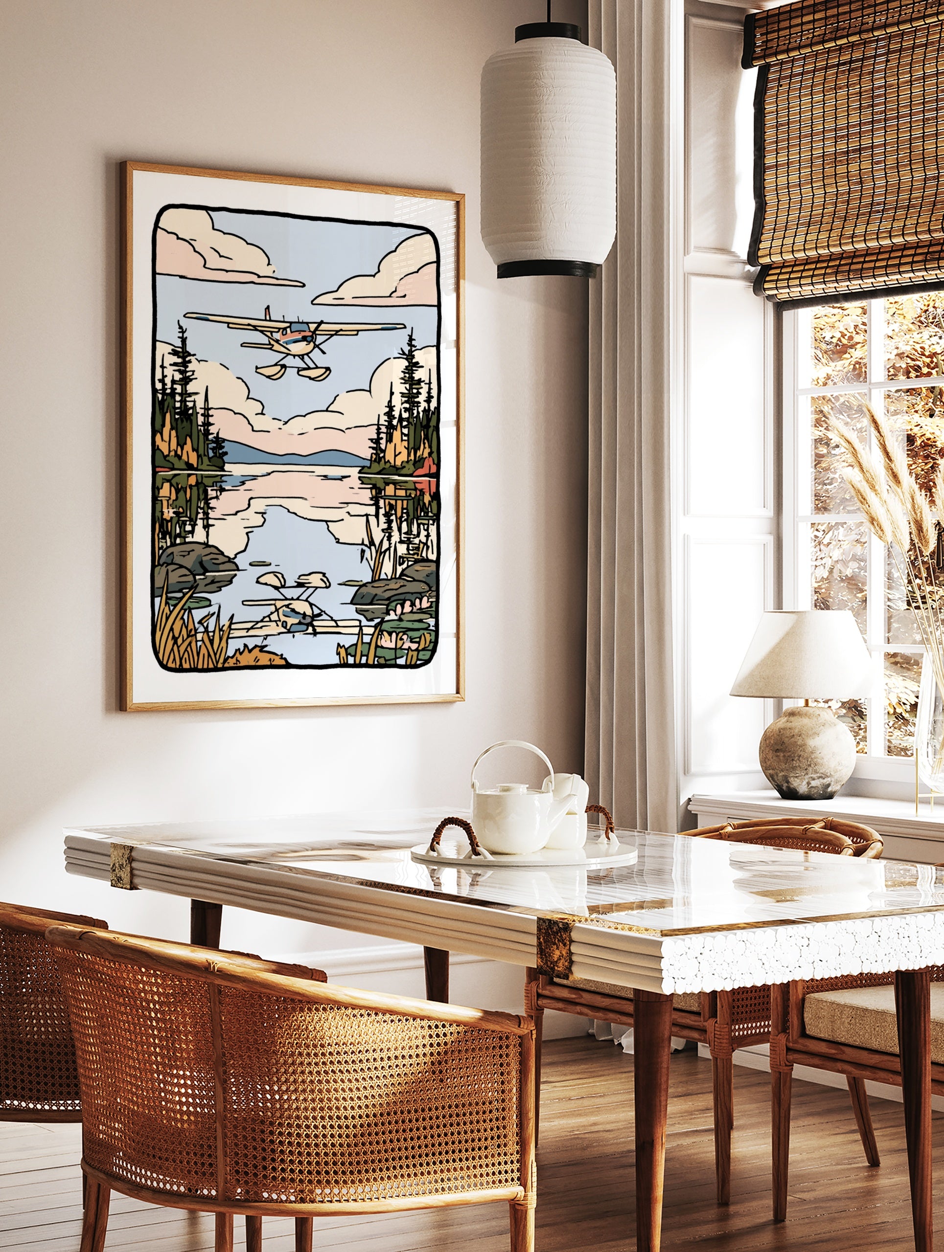 Illustrated seaplane flying over a calm lake with pine forest reflections and soft clouds in a, in a styled room mockup