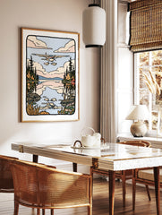 Illustrated seaplane flying over a calm lake with pine forest reflections and soft clouds in a, in a styled room mockup