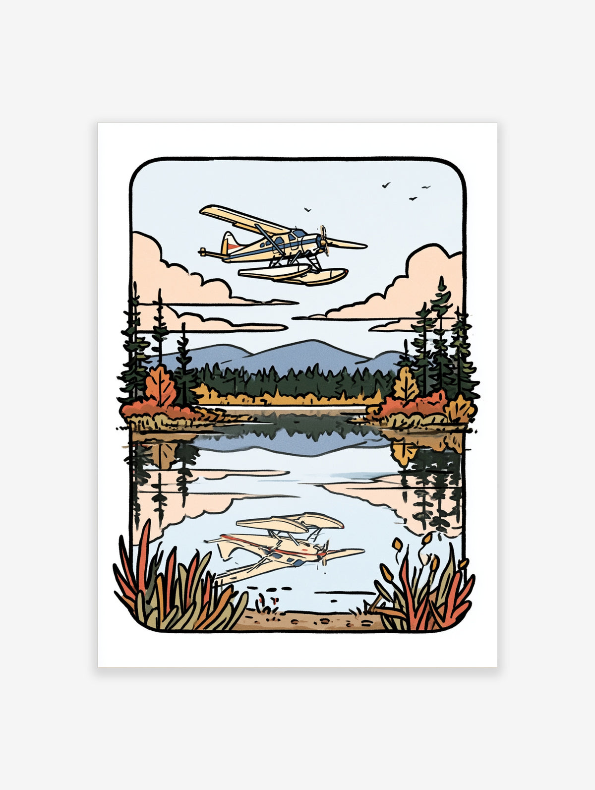 Seaplane flying over a calm lake with mountain and forest background in an illustrative travel poster style