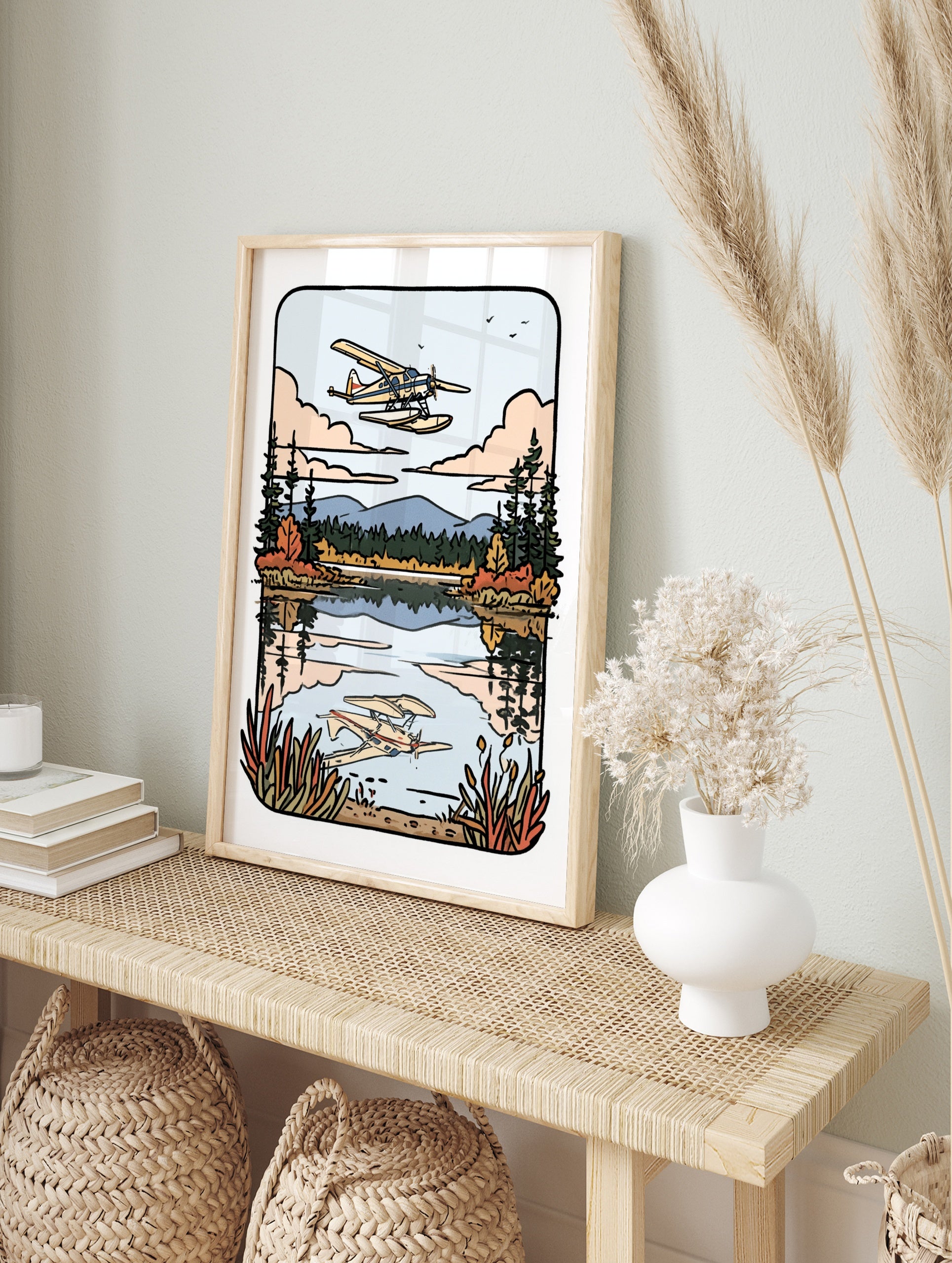 Seaplane flying over a calm lake with mountain and forest background in an illustrative, in an alternate framed mockup