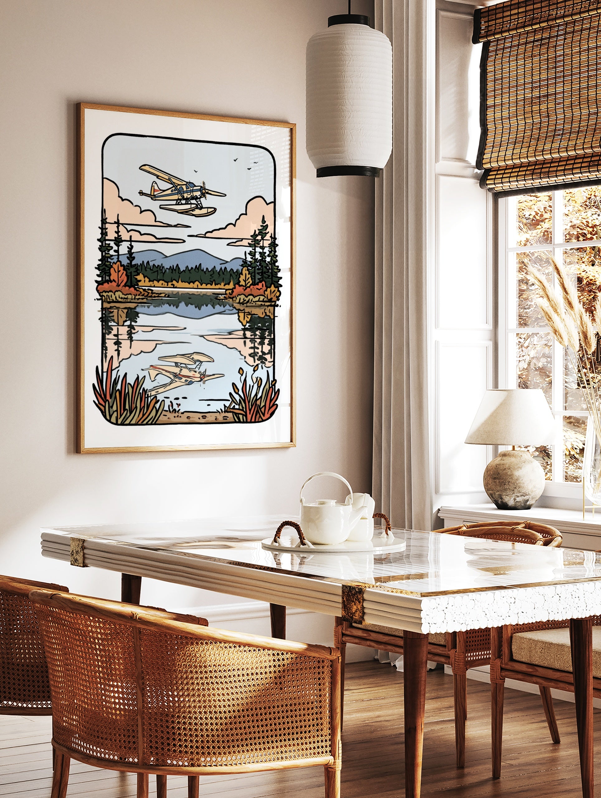 Seaplane flying over a calm lake with mountain and forest background in an illustrative travel, in a styled room mockup