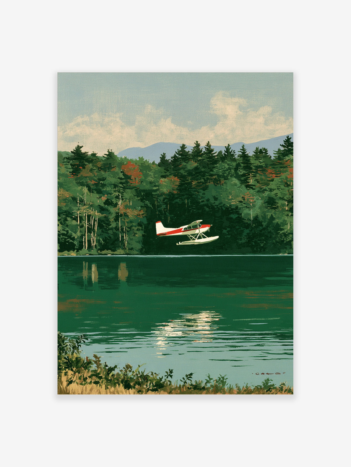 Vintage style illustration of a red and white seaplane flying over a calm green lake with a forest background