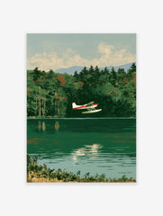 Vintage style illustration of a red and white seaplane flying over a calm green lake with a forest background