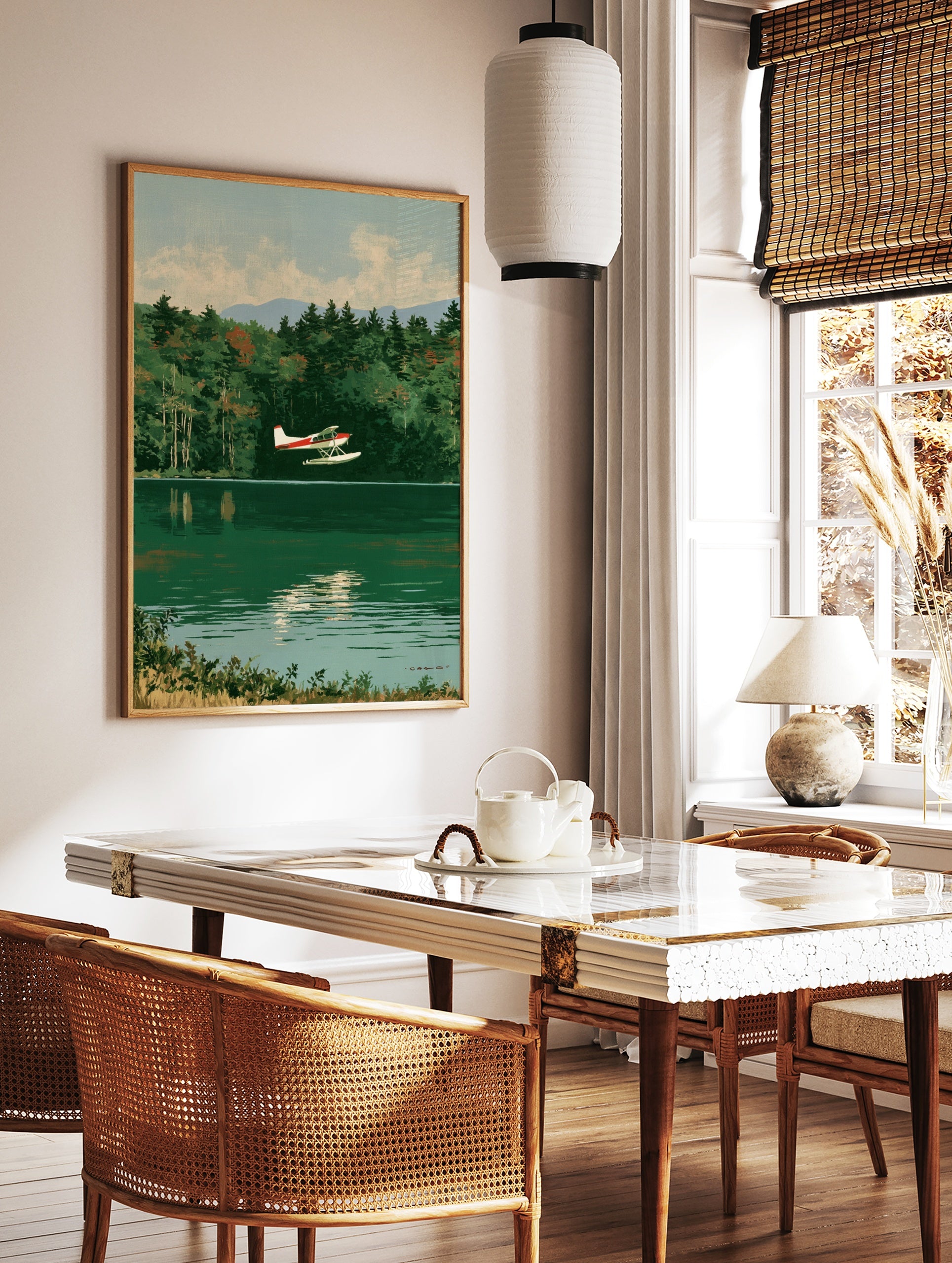 Vintage style illustration of a red and white seaplane flying over a calm green lake with a forest, in a styled room mockup