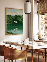 Vintage style illustration of a red and white seaplane flying over a calm green lake with a forest, in a styled room mockup