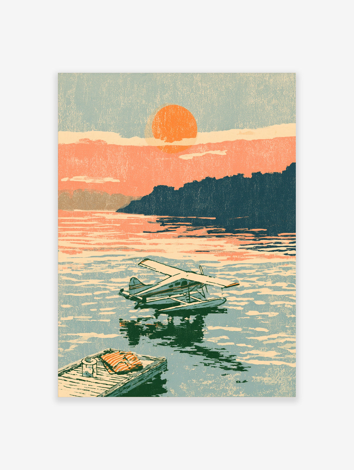 Seaplane on rippled water at sunset with orange sun, dark hills, and wooden dock with striped cushions
