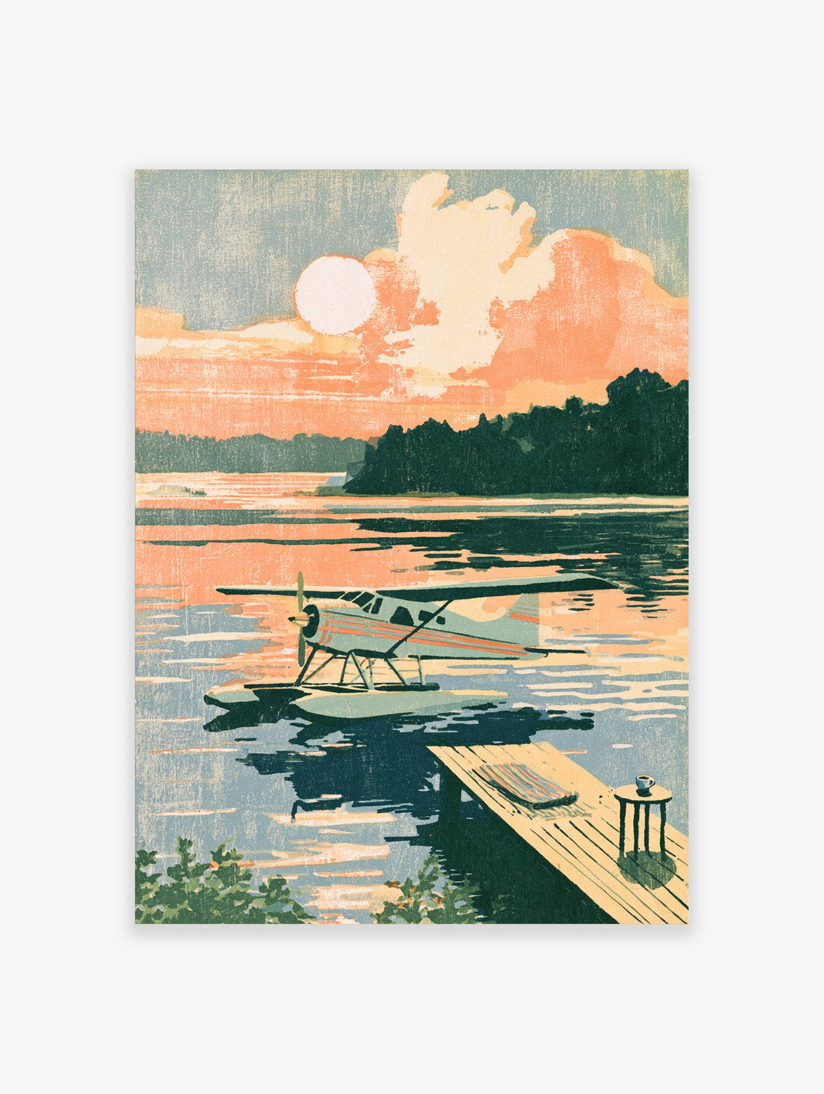 Seaplane on calm water at sunset with orange sky, white sun, pine trees and wooden dock