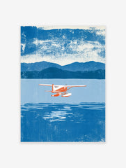 Red and white seaplane flying over blue water with mountains in the background, illustrative style art print