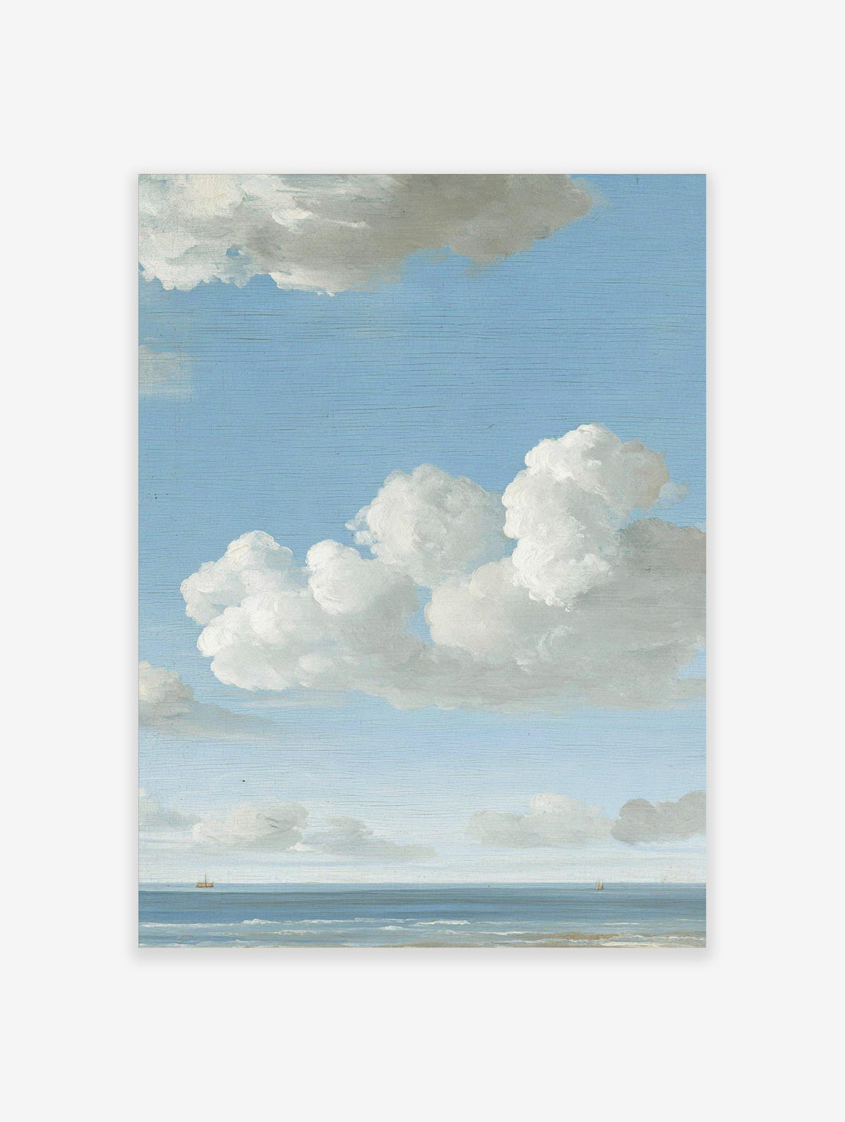 Seascape painting with blue sky, white cumulus clouds, calm ocean, and two small distant boats on horizon