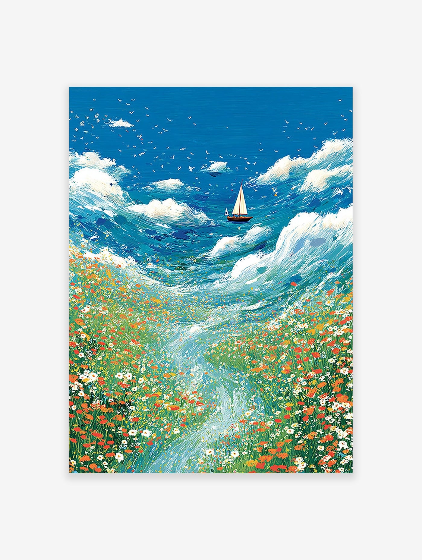 Vibrant seascape wall art painting with a sailboat on stormy blue waves and a field of colorful wildflowers