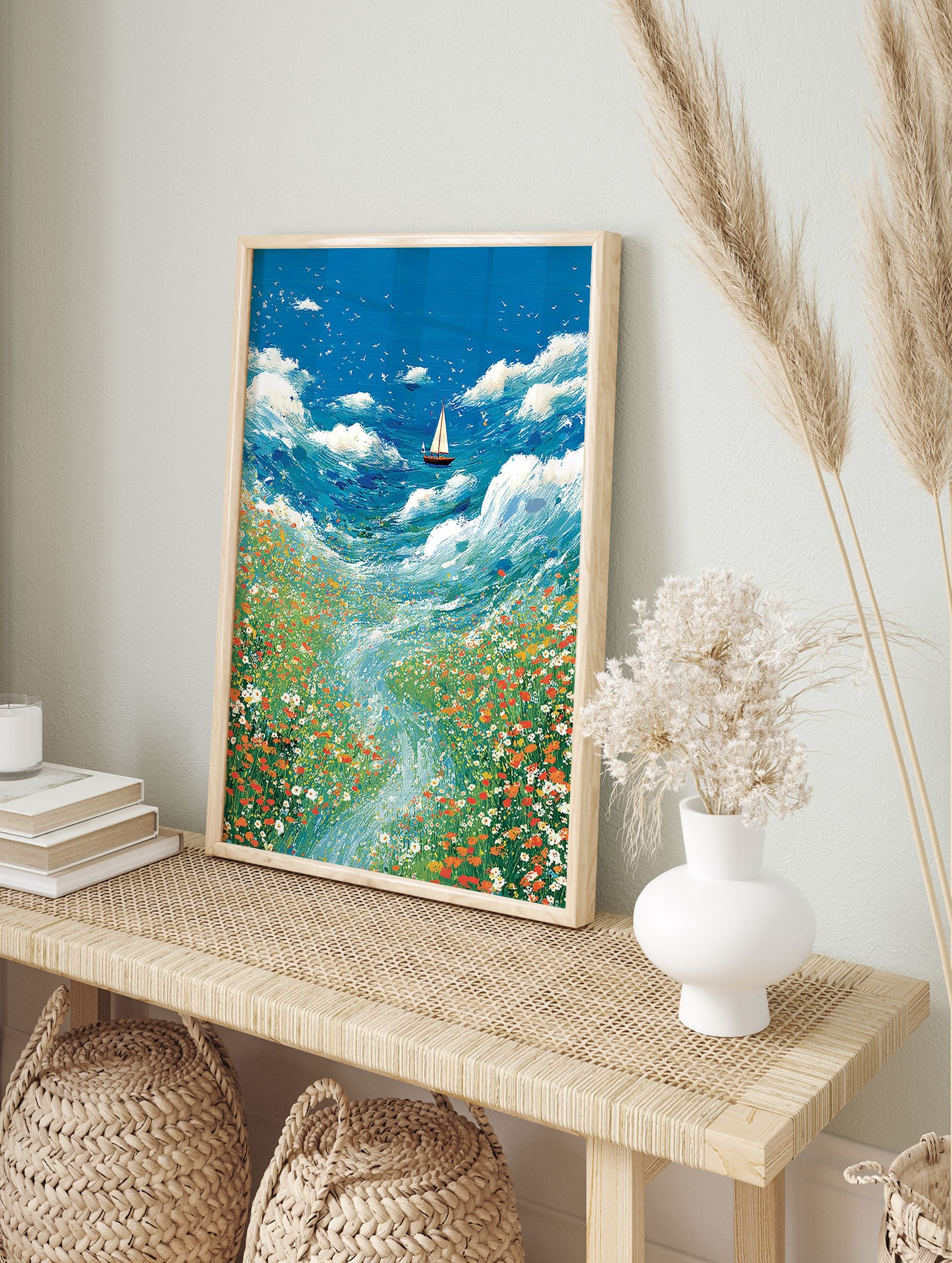 Vibrant seascape wall art painting with a sailboat on stormy blue waves and a field of colorful wildflowers - Image 3
