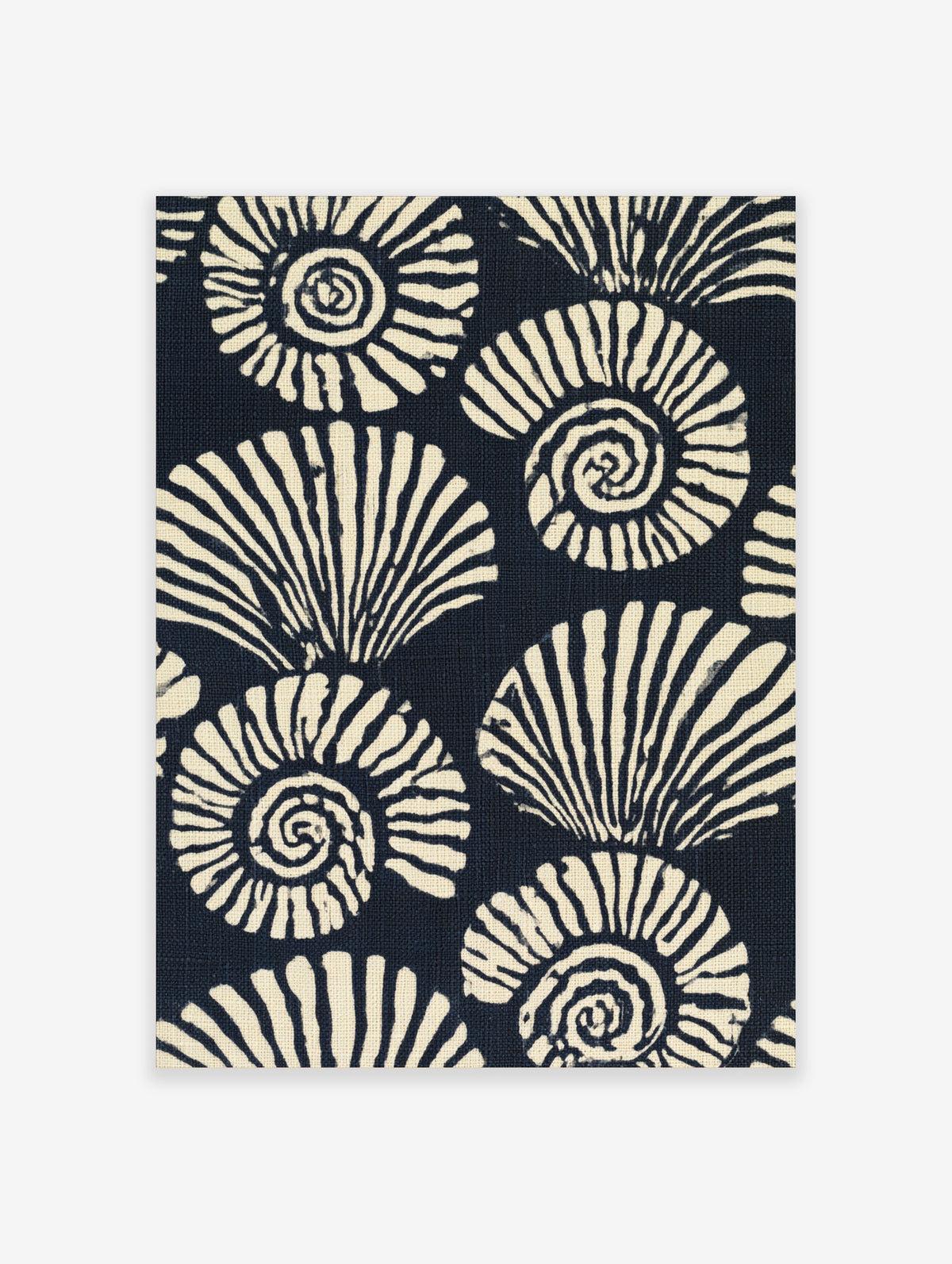 Stylised navy and cream ammonite seashell pattern illustration, repeating spiral shells, graphic wall art print