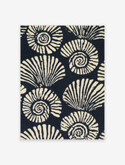 Stylised navy and cream ammonite seashell pattern illustration, repeating spiral shells, graphic wall art print