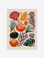Modern seashell poster with red, orange, and dark green marine elements like shells, coral, and seaweed on a light background.