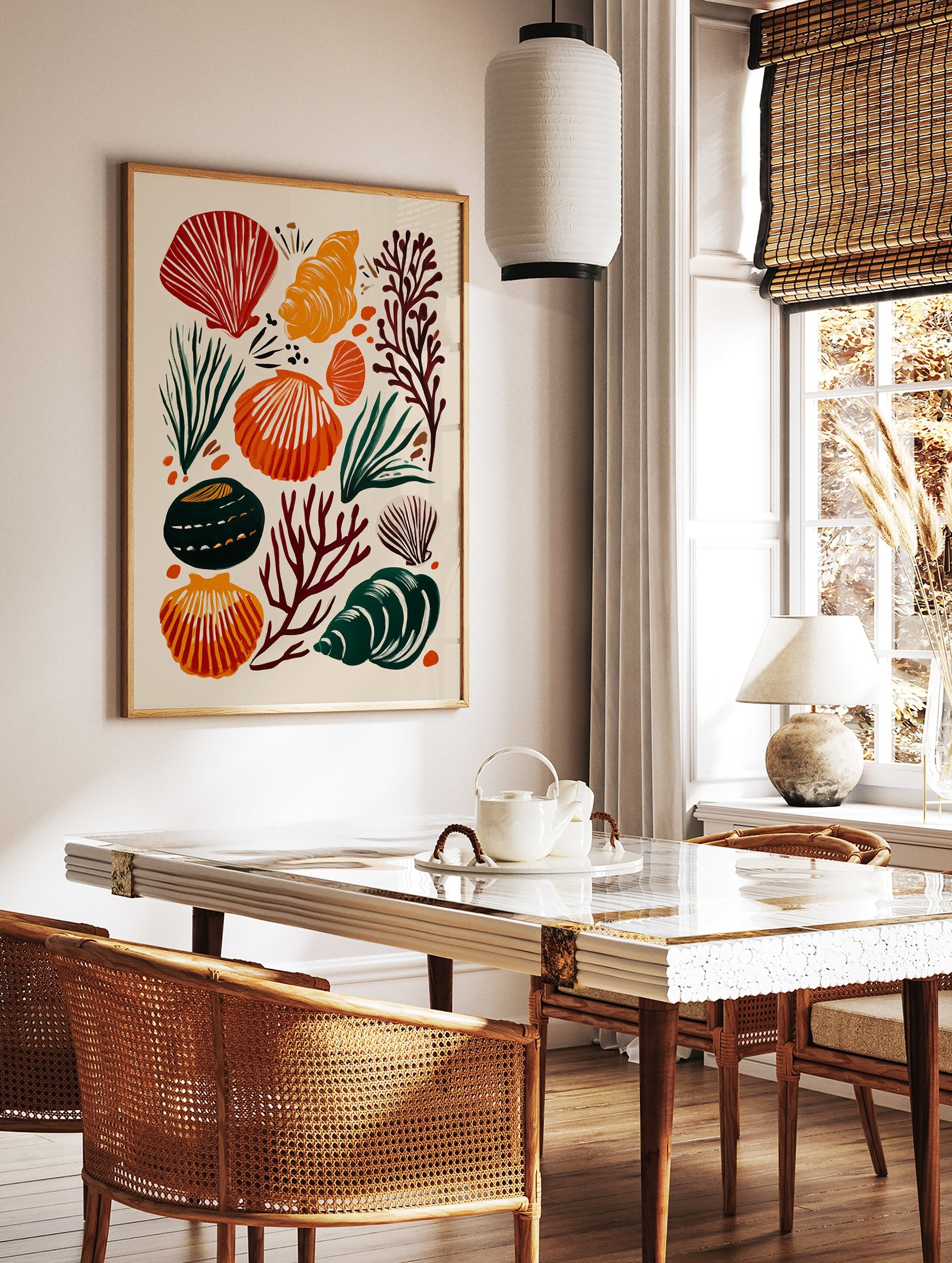 Modern seashell poster with red, orange, and dark green marine elements like shells, coral, and seaweed on a light background. - Image 2